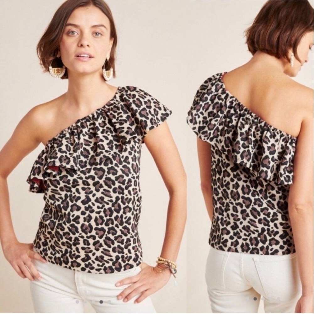 Anthropologie Eri + Ali Women‎ Leopard Print One Shoulder Ruffle Knit Top Size L